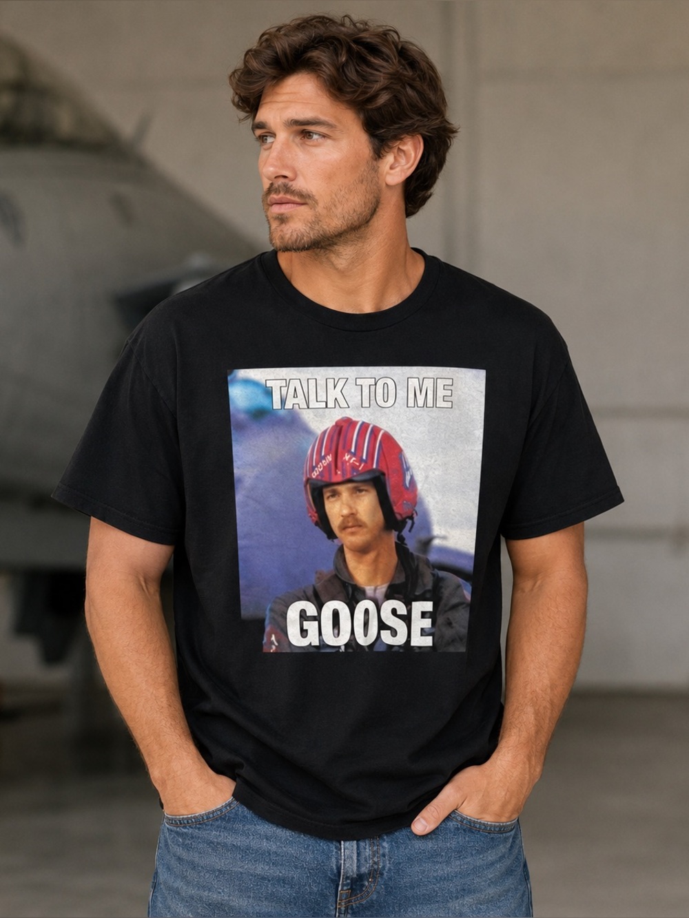 Black Graphic Tee with Talk to Me Goose Print
